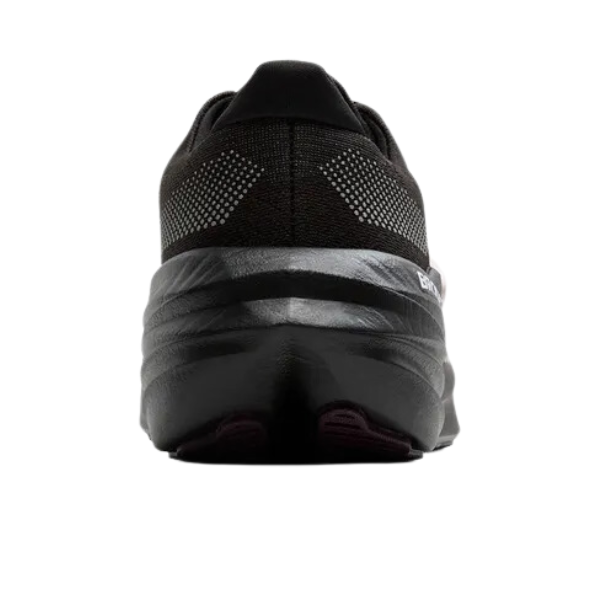 Rear view of a BROOKS Womens Glycerin Max Black running shoe, featuring a thick DNA Tuned cushioning sole and subtle dotted patterns on the heel, shown against a plain white background.