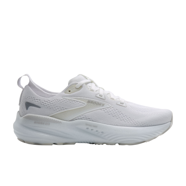 The Brooks Womens Glycerin GTS 22 Wide White by BROOKS is an athletic running shoe with a breathable mesh upper, lace-up closure, thick cushioned sole, subtle gray accents, branding details, and advanced support for comfort.