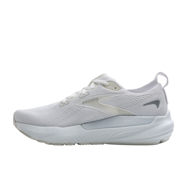 The Brooks Womens Glycerin GTS 22 Wide White is a mesh-upper, lace-up running shoe by BROOKS with a cushioned, supportive sole, shown in side profile against a white background.
