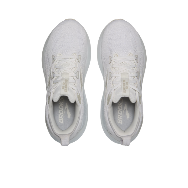 The BROOKS Womens Glycerin GTS 22 Wide White features mesh fabric, visible laces, and the BROOKS logo on the insoles—engineered with cushioned support for enhanced comfort.
