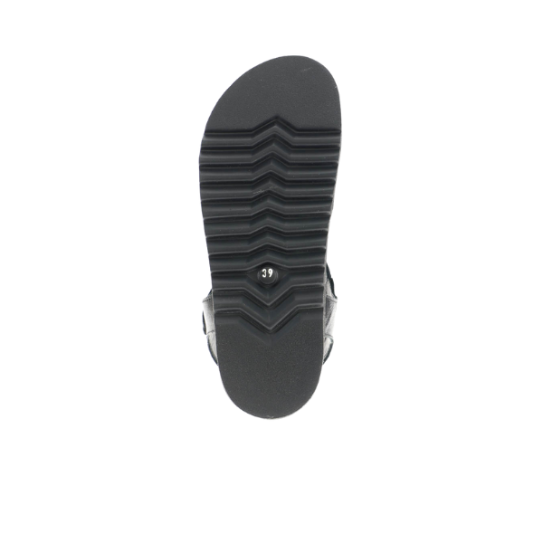 The image shows the sole of the SOVELLA Sovella Womens Chloe Black sandal, featuring deep horizontal grooves and a small circular label marked 39 to indicate the shoe size.