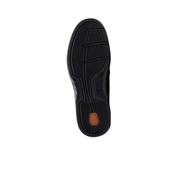 Black sole with textured grip, three horizontal grooves, and a small brown oval near the heel—designed for Clarks Mens Un Briley Step Leather Wide Black by CLARKS—shown on a white background.