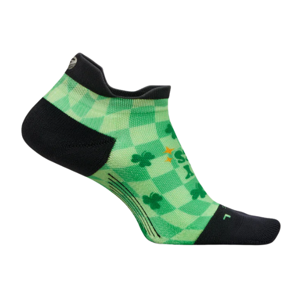 FEETURES Elite Light Cushion Tab "Lucky Vibes" ankle sock with black toe/heel, shamrocks, and green/yellow "lucky".