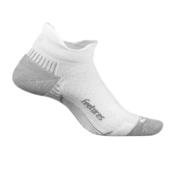 The FEETURES Plantar Fasciitis Relief Light Cushion No Show Sock in white features gray accents, mesh texture for comfort, and feetures branding on the side.