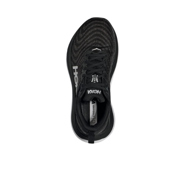 Top view of the HOKA Womens Gaviota 5 (Medium) in Black/White, showing white HOKA branding, mesh upper, and black-and-white sole. Features a stabilizing H-Frame for support and foot pain relief. Isolated on a white background.