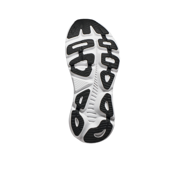 The image shows the sole of the HOKA Womens Gaviota 5 (Medium) Black/White sneaker, featuring a white base with bold black rubber grip patterns and a Stabilizing H-Frame for enhanced traction, style, and potential foot pain relief.