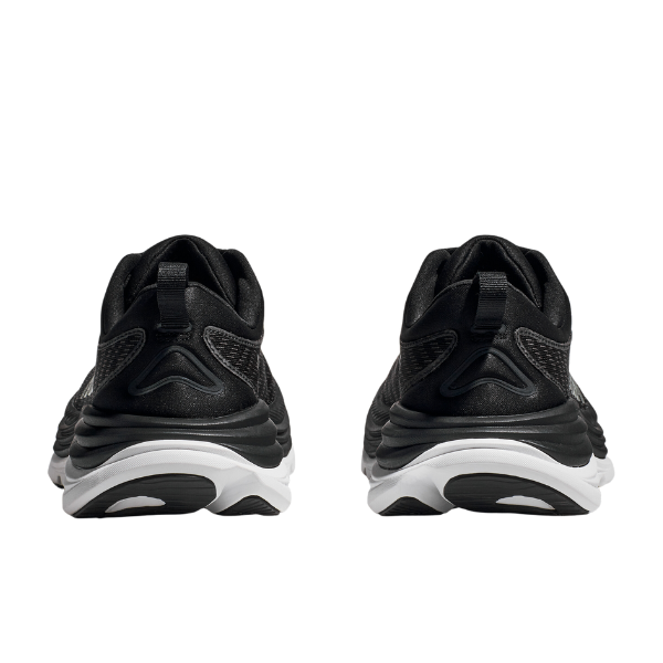 Back view of the HOKA Womens Gaviota 5 (Medium) Black/White sneakers, side by side on a white background, featuring the brand’s stabilizing H-Frame design for enhanced support and foot pain relief.