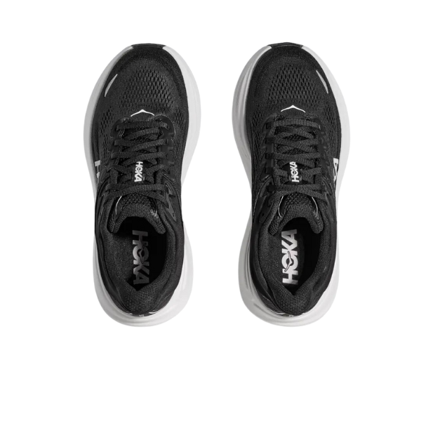 The HOKA Mens Bondi 9 Black/White running shoes, shown from above, display the laces and logo on the tongue. Their ultra-cushioned design stands out against a plain white background.