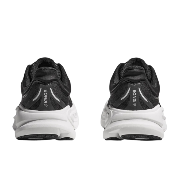 Rear view of HOKA Mens Bondi 9 Black/White sneakers, featuring black uppers, white midsoles, reflective silver accents, and plush cushioning for superior foot pain relief.