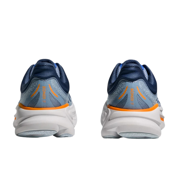 A pair of HOKA Mens Bondi 9 Wide Drizzle/Downpour athletic shoes is shown from the back, featuring thick white textured soles and bright orange heel accents for plush comfort.