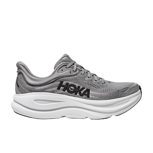 The HOKA Mens Bondi 9 Wide in Galactic Grey/Stellar Grey features a mesh upper, black side logo, and thick ultra-cushioned white sole for comfort and foot pain relief, shown in side profile.