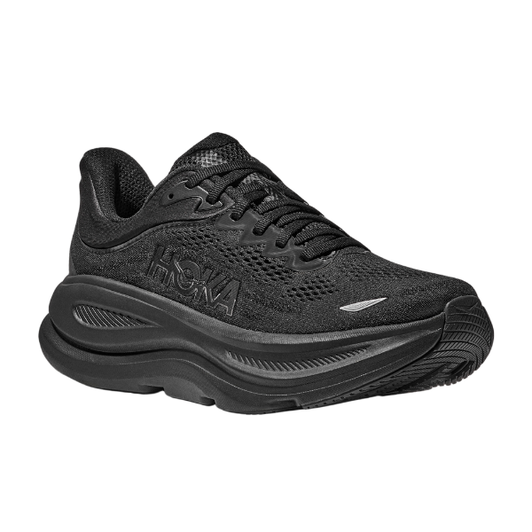 The HOKA Womens Bondi 9 Wide Black running shoe features plush cushioning, a breathable mesh upper, lace-up closure, and thick sole for foot pain relief. The HOKA logo is displayed on the side against a white background.
