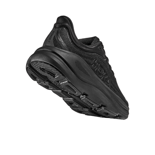 The HOKA Womens Bondi 9 Wide Black running shoe, shown from a low rear angle against a white background, features plush cushioning, a thick sole, textured tread, and sleek design for all-day comfort and foot pain relief.
