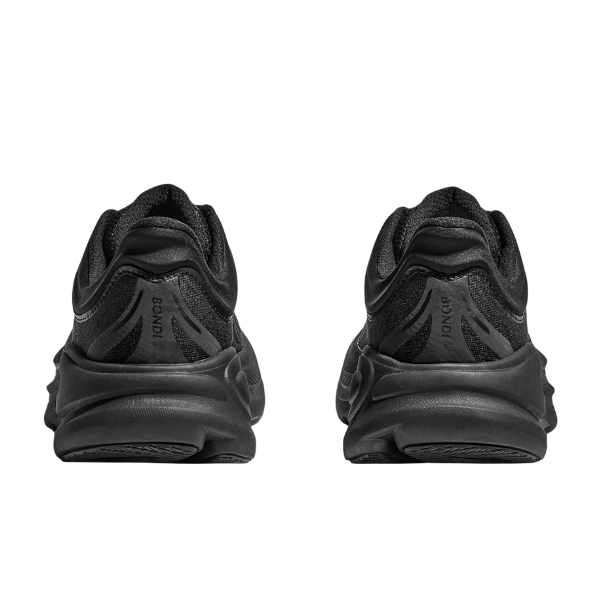 Rear view of HOKA Womens Bondi 9 Wide Black sneakers with mesh detailing and textured heels, displayed side by side on a white background, featuring plush cushioning designed for foot pain relief.