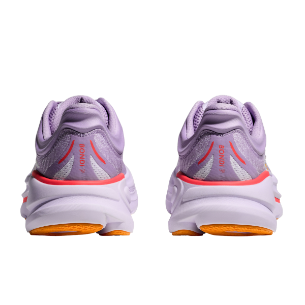 A pair of HOKA Womens Bondi 9 Wide sneakers in Aster Flower/Starlight Glow, shown from the back with red accents, white soles, and orange details underneath. The ultra-cushioned heels display BONDI.