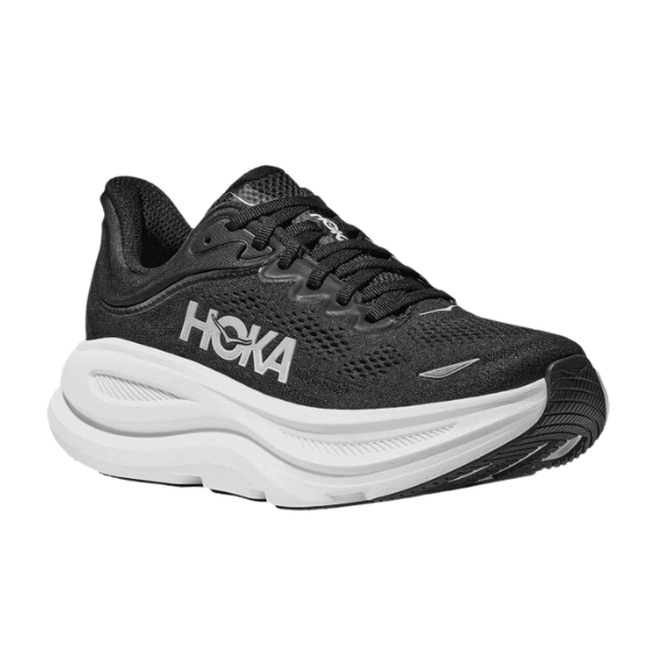 The HOKA Womens Bondi 9 Black/White is a black running shoe with a white, ultra-cushioned sole and HOKA branding on the side, designed for foot pain relief. The product is displayed against a plain white background.