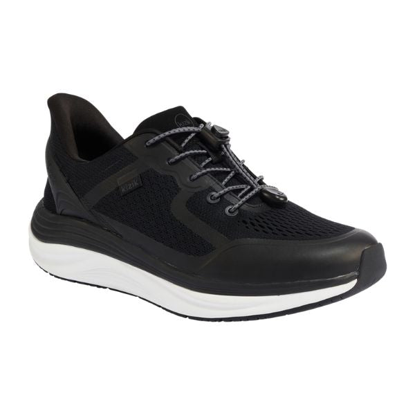 The KIZIK Womens London Black Wide features mesh fabric, rubberized accents, a white sole, and elastic toggle laces for easy wear, offering extra cushioning for comfort and foot pain relief. Shown against a white background.