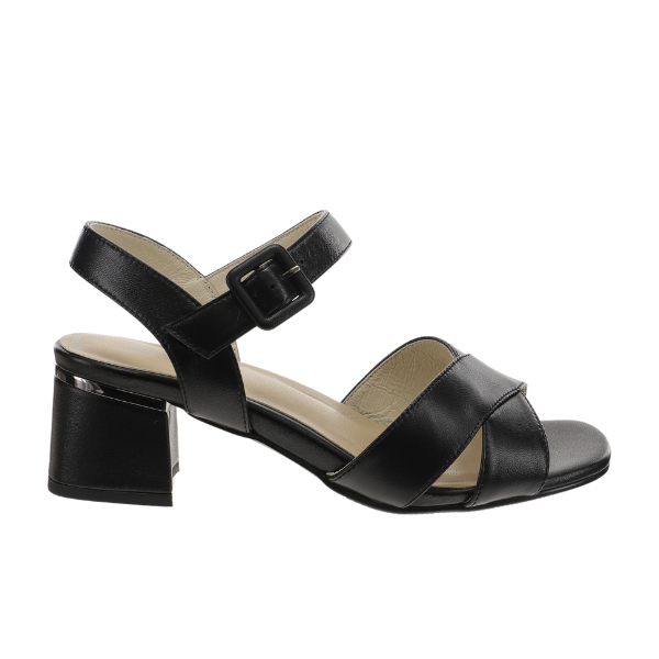 The SOVELLA Sovella Womens Celine Sandal Black is a premium leather, open-toe sandal with a mid block heel, ankle strap with buckle, crisscross toe straps, and cushioned footbed for all-day comfort.