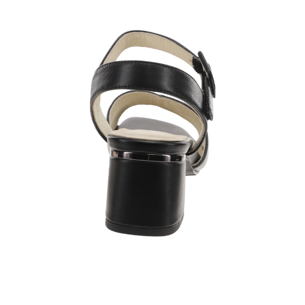 The SOVELLA Womens Celine Sandal Black is a premium leather, open-toe sandal with block heel, ankle and heel straps, and a cushioned footbed for comfort—shown here from the back.