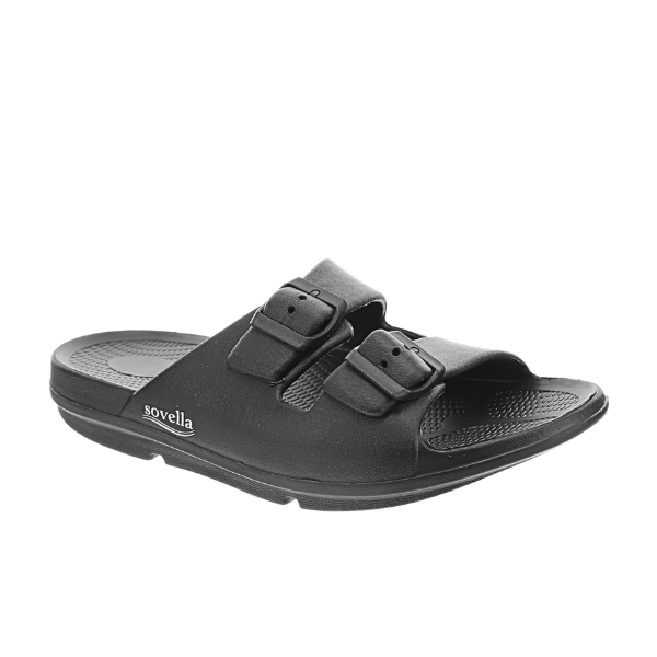 The Sovella Mens Buckle Slide Black features two adjustable straps, a contoured footbed with arch support, and the SOVELLA brand name printed on the side.