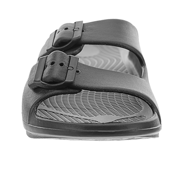 The SOVELLA Sovella Womens Buckle Slide Black is a water-friendly slide featuring two adjustable buckle straps, arch support, and a textured footbed, shown here in a front view.