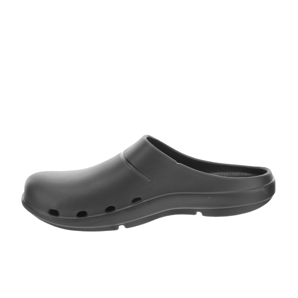 The Sovella Mens Clog Black by SOVELLA features a slip-on closed toe and heel design, multiple front-side ventilation holes, arch support, and a textured sole.