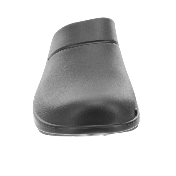 Front view of the Sovella Mens Clog Black by SOVELLA, showcasing its comfortable slip-on design in black on a white background.