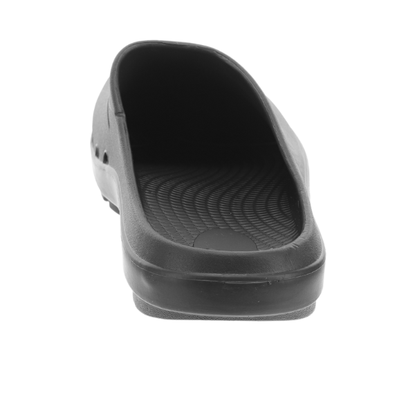 The SOVELLA Sovella Mens Clog Black slip-on sandal is displayed from the rear, showcasing its heel and textured insole with built-in arch support against a white background.