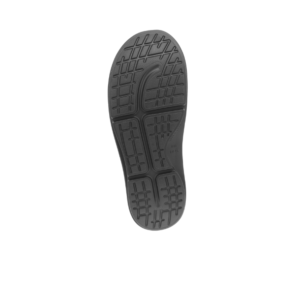 The SOVELLA Sovella Mens Clog Black features a black rubber sole with textured crisscrossed grooves and rectangular shapes for arch support, shown on a white background.