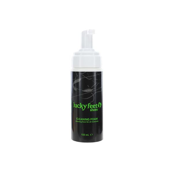 LUCKY FEET SHOE Shoes Cleaning Foam, black bottle with white pump, 150mL, safe for all materials on white background.