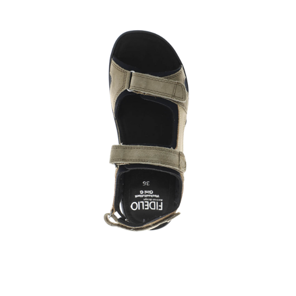 A single Fidelio Womens Liberty Beige sandal with adjustable straps and a black sole, shown from above on a white background. Suitable for bunions, the insole displays FIDELIO and 36.