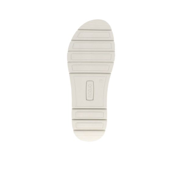White rubber shoe sole viewed from the bottom, featuring rectangular grooves and the word OREO with the number 27 embossed near the center. Offers foot pain relief like the FIDELIO Fidelio Womens Trinity Cream sandal.