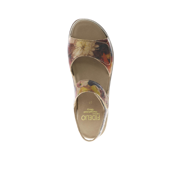 A single open-toe sandal, Fidelio Womens Trinity Multi by FIDELIO, features two Wide floral straps and a beige sole. The insole is marked Fidelio and 37 for size. Shown from above on a white background.