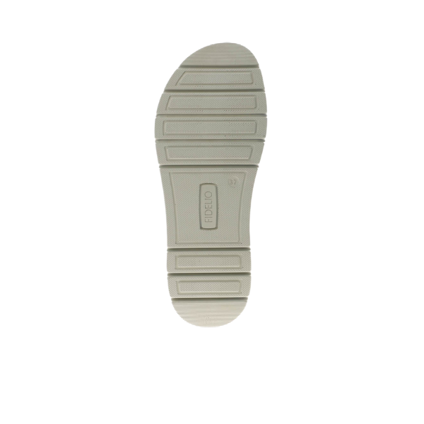 The Fidelio Womens Trinity Multi sandal sole is light beige with horizontal grooves, a textured pattern, and features FIDELIO and the number 37 in the center. Its designed for foot pain relief and shown against a white background.