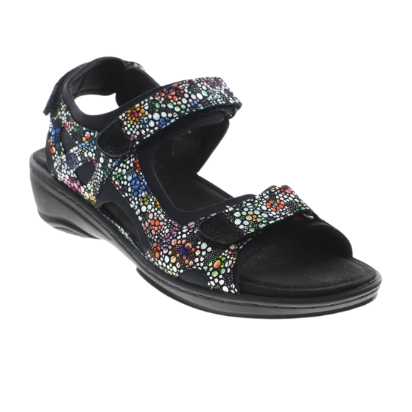 The FIDELIO Womens Liberty Multi sandal features a black open-toe design with colorful dots, adjustable Velcro straps, and a removable soft cork footbed for comfort and foot pain relief.