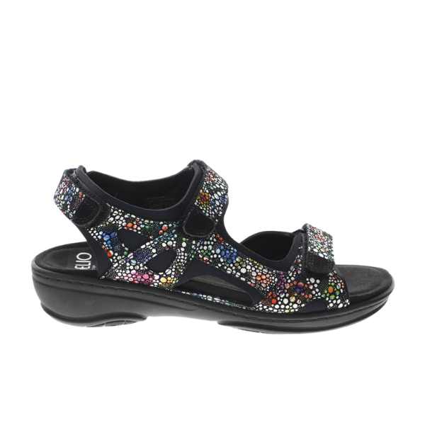 The FIDELIO Womens Liberty Multi sandal features an open-toe design, adjustable black straps with a colorful gem-like dotted pattern, and a removable soft cork footbed for comfort and foot pain relief.