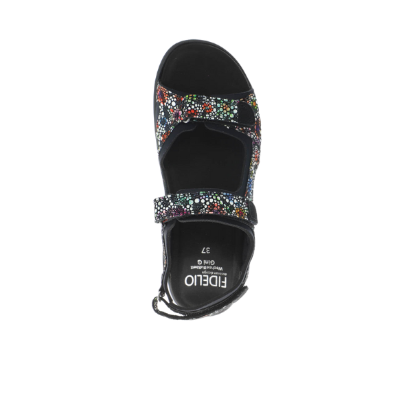 Top view of the FIDELIO Womens Liberty Multi sandal in size 37, featuring black with colorful polka dots, ankle strap, Velcro closure, and removable soft cork footbed for pain relief. Insole branded FIDELIO.