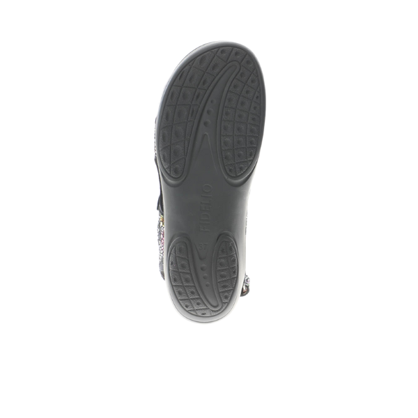 Bottom view of the Fidelio Womens Liberty Multi sandal by FIDELIO, showing the grippy textured rubber sole with FIDELIO embossed at the center. Includes a removable soft cork footbed for comfort and relief. Displayed on a plain white background.