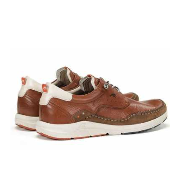 The FLUCHOS Mens Kai Lace-Up F1986 Brown shoes feature leather uppers, white soles, decorative stitching, and white heel accents for comfort and reduced foot pain. Shown facing left against a plain white background.