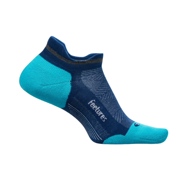 The FEETURES Elite Max Cushion No Show Tab Blue/Green is a low-cut athletic sock with dark and light blue-green panels, a small Feetures logo on the side, and reinforced toe and heel for maximum cushion and a custom-like fit.