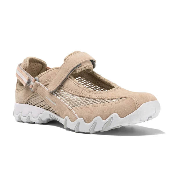 The ALLROUNDER Womens Niro Taupe/Suede is a Mary Jane-style shoe with mesh panels, suede accents, Velcro strap, and a thick white rubber sole with rugged tread for foot pain relief.