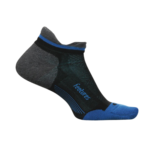 The FEETURES Elite Max Cushion No Show Tab sock in black, blue, and gray features Max Cushion for comfort and Targeted Compression for support, with “feetures” on the side, shown on a white background.