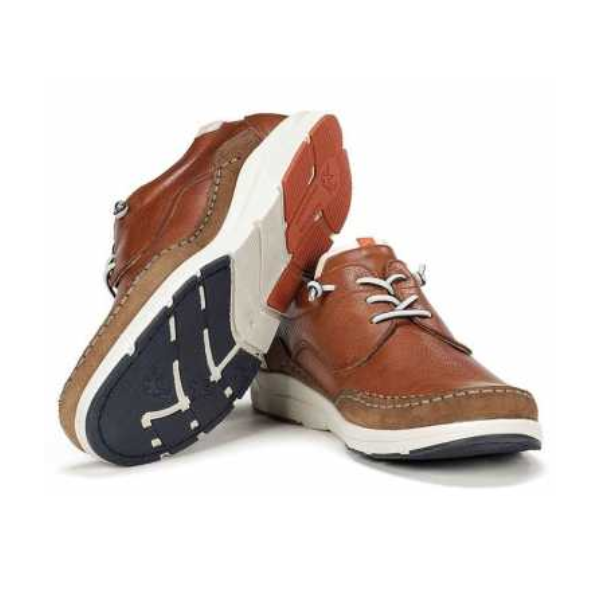 FLUCHOS Mens Kai Lace-Up F1986 Brown shoes feature white laces and soles. One shoe stands upright, the other is tilted to display the tread, blending style and comfort designed to help reduce foot pain.