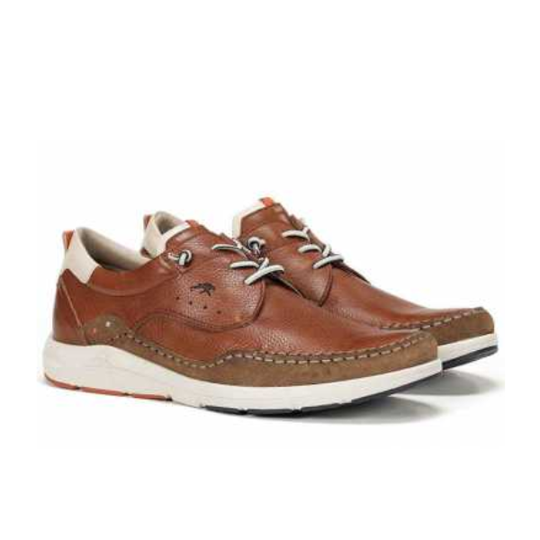 The Fluchos Mens Kai Lace-Up F1986 Brown shoes by FLUCHOS feature brown leather with white soles, beige accents, visible stitching, laces, and a textured finish—designed for all-day comfort to help ease foot pain.