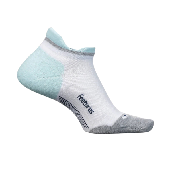 The FEETURES Elite Max Cushion No Show White/Blue sock features a white body, light blue heel, gray toe, and Feetures on the side. Targeted Compression offers added support. Displayed on a white background.