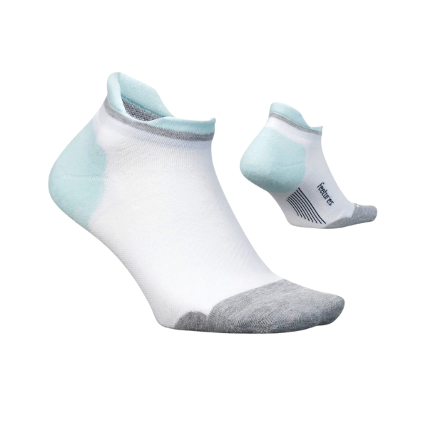 The FEETURES Feetures Elite Max Cushion No Show White/Blue socks feature targeted compression and a low-cut design in white with light blue heel accents and a gray toe, shown on a white background.