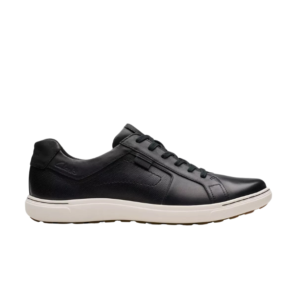 The CLARKS Mens Mapstone Lace Wide Black/White is a black leather casual sneaker with black laces, a white rubber sole, and a comfort footbed for all-day support, shown from the side on a plain white background.