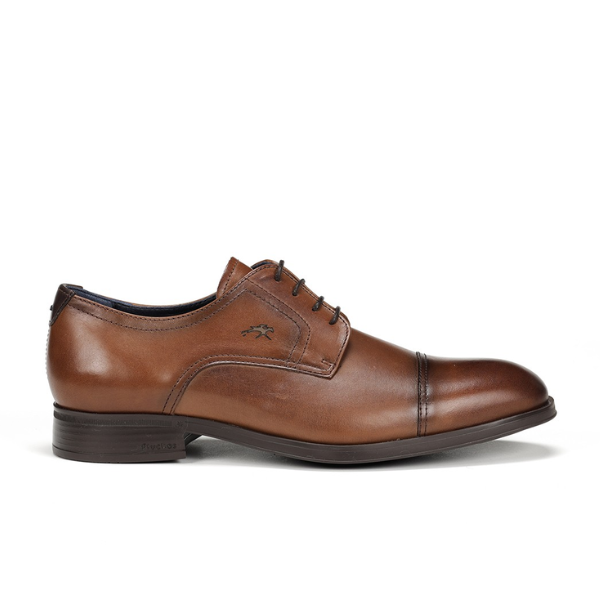The FLUCHOS Mens Asgard F1885 Brown dress shoe features brown leather, laces, a capped toe, and slight heel for comfort—ideal for men with foot pain; shown in side profile against a white background.