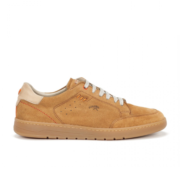 The FLUCHOS Fluchos Mens Leo F1722 Brown is a tan suede mens shoe with beige and orange accents, white laces, and a light brown rubber sole, designed for comfort and shown from the side on a white background.
