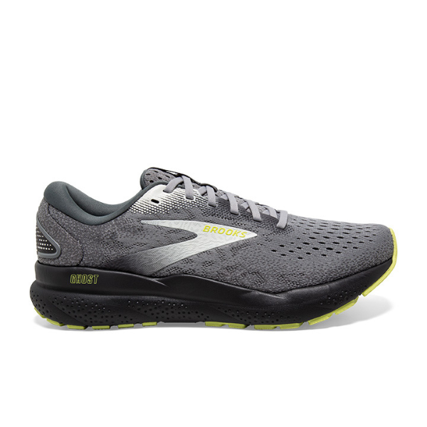The BROOKS Mens Ghost 16 Grey/Green features a mesh upper, black sole, soft cushioning, and green accents. Shown in a side profile view against a white background.